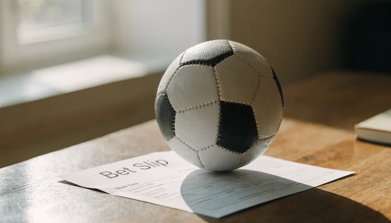 Uma bola de futebol pousada sobre um talão de apostas em branco numa mesa de madeira, à luz do dia