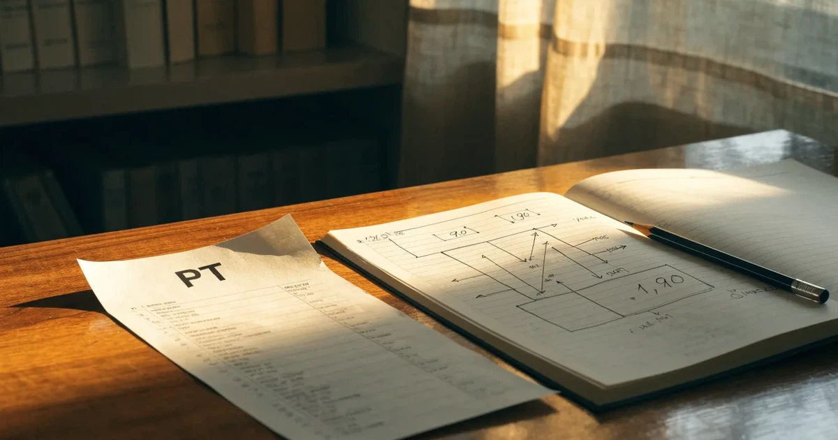 Um talão de apostas em branco ao lado de uma calculadora e de um bloco de notas com um esquema desenhado à mão