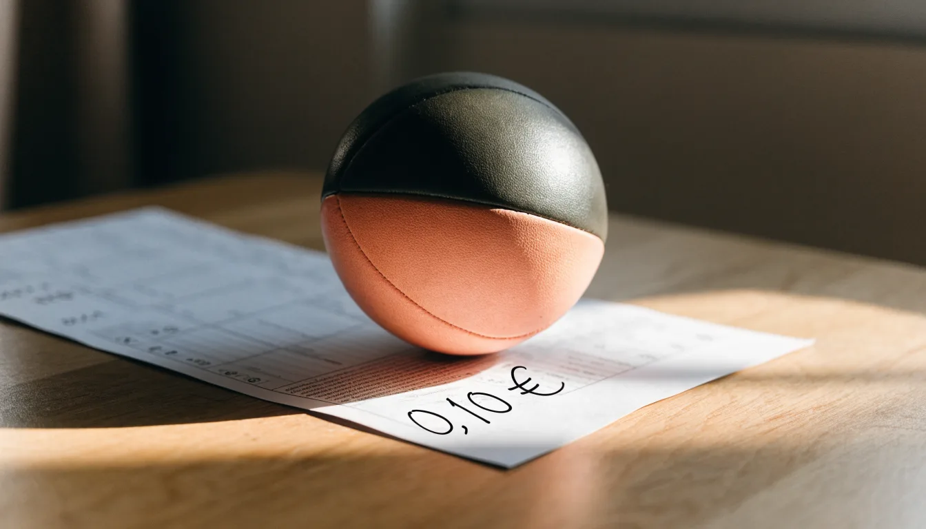 Uma bola de futebol pousada sobre um talão de apostas em branco numa mesa de madeira, à luz do dia