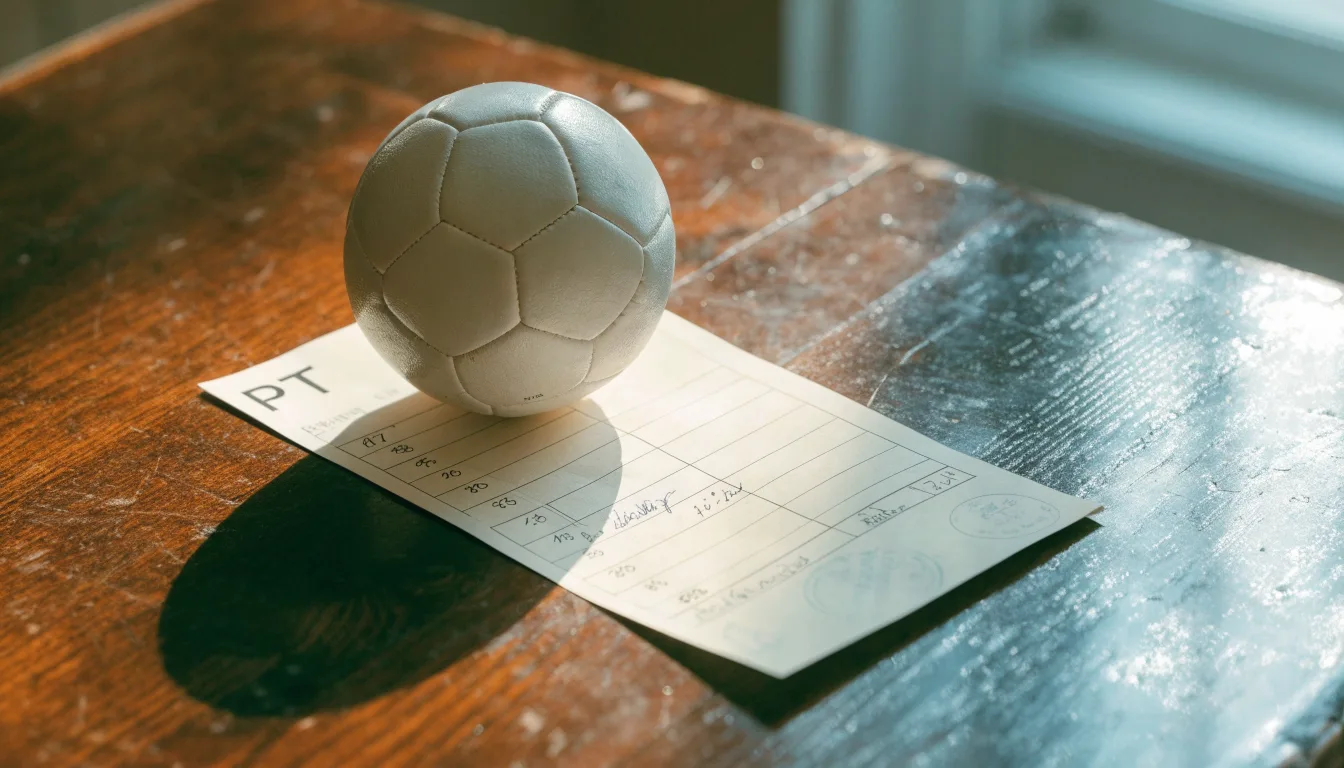 Uma bola de futebol pousada sobre um talão de apostas em branco numa mesa de madeira, à luz do dia