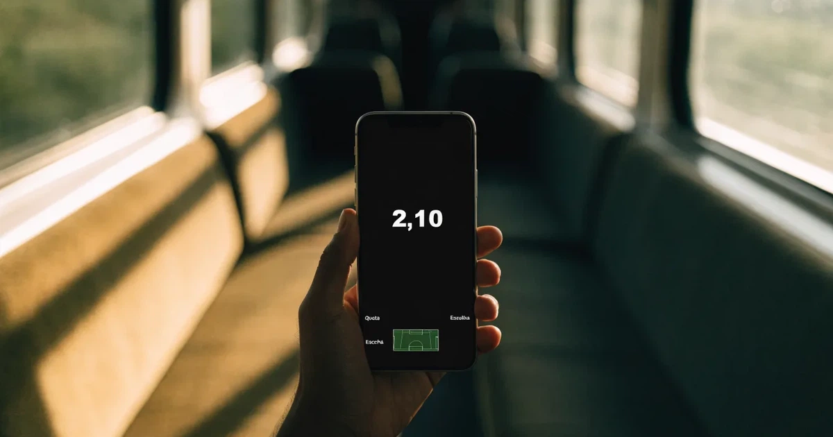 Uma mão a segurar um telemóvel com uma aposta no ecrã, num comboio ao fim da tarde