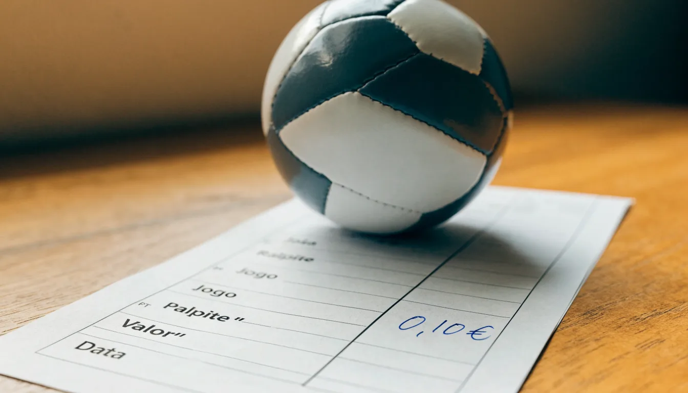 Uma bola de futebol pousada sobre um talão de apostas em branco numa mesa de madeira, à luz do dia
