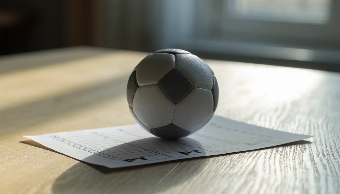 Uma bola de futebol pousada sobre um talão de apostas em branco numa mesa de madeira, à luz do dia