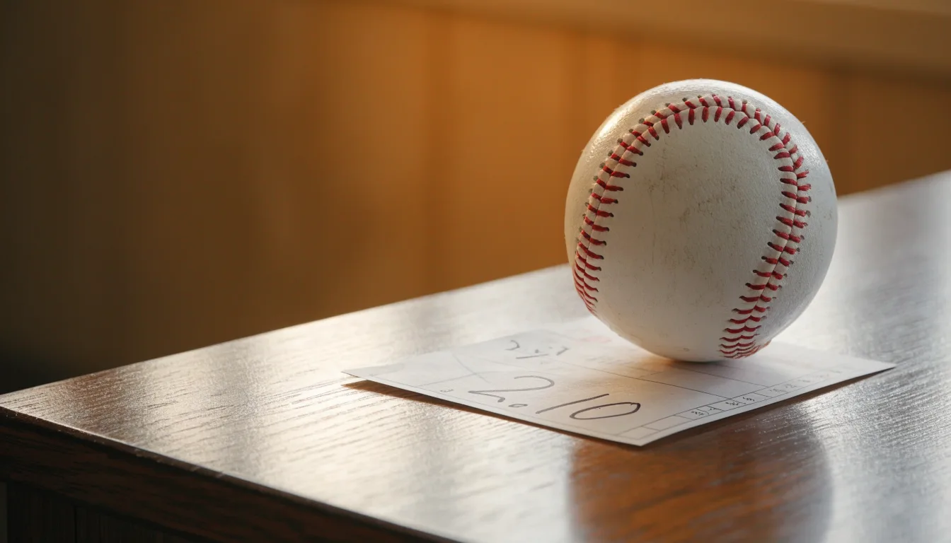 Uma bola de futebol pousada sobre um talão de apostas em branco numa mesa de madeira, à luz do dia