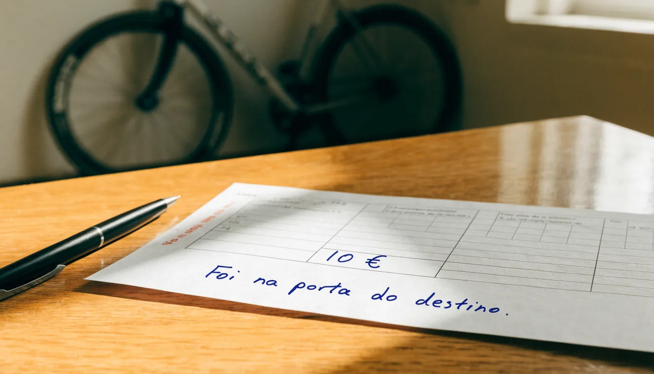 Uma bola de futebol pousada sobre um talão de apostas em branco numa mesa de madeira, à luz do dia