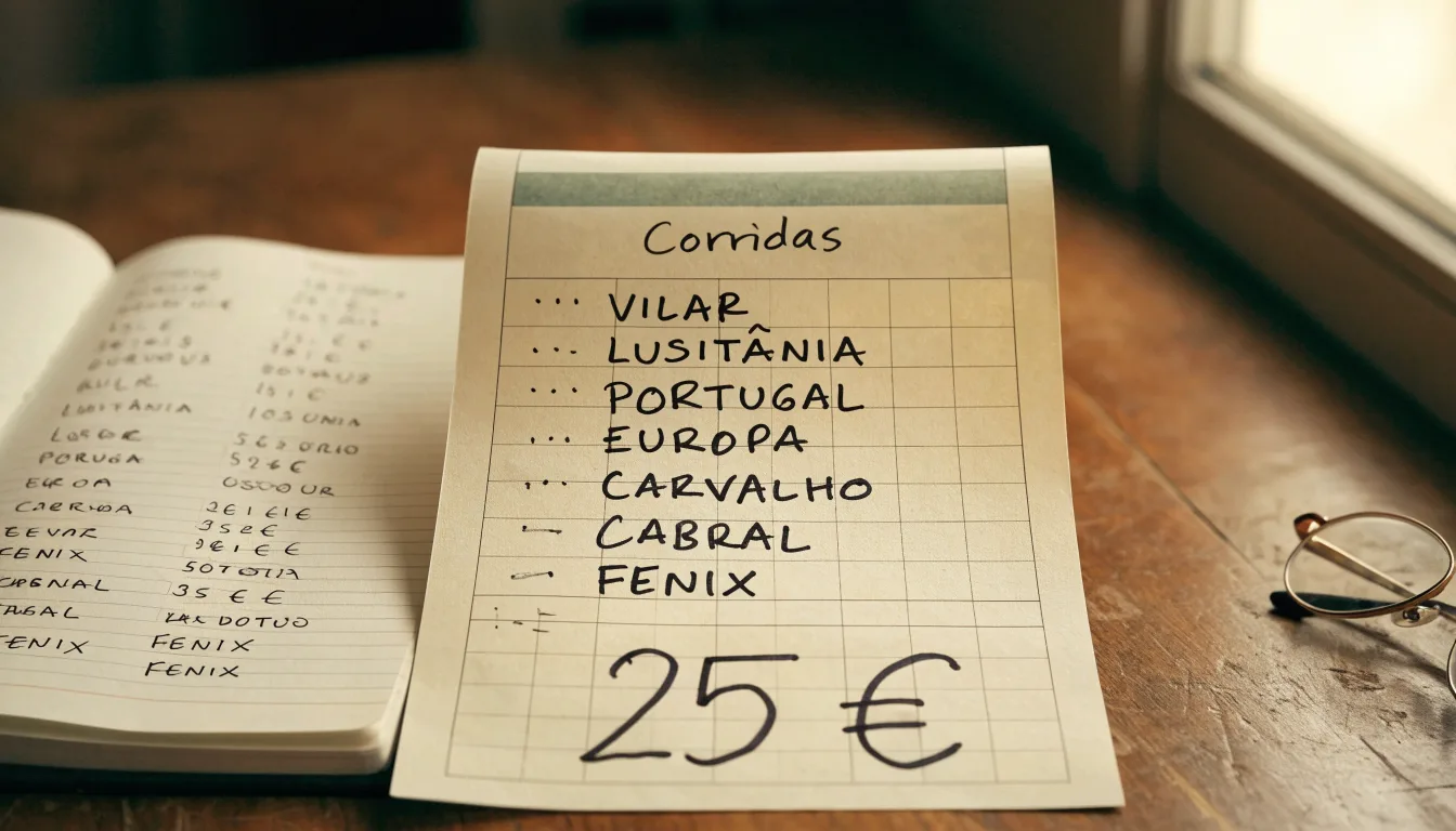 Uma bola de futebol pousada sobre um talão de apostas em branco numa mesa de madeira, à luz do dia
