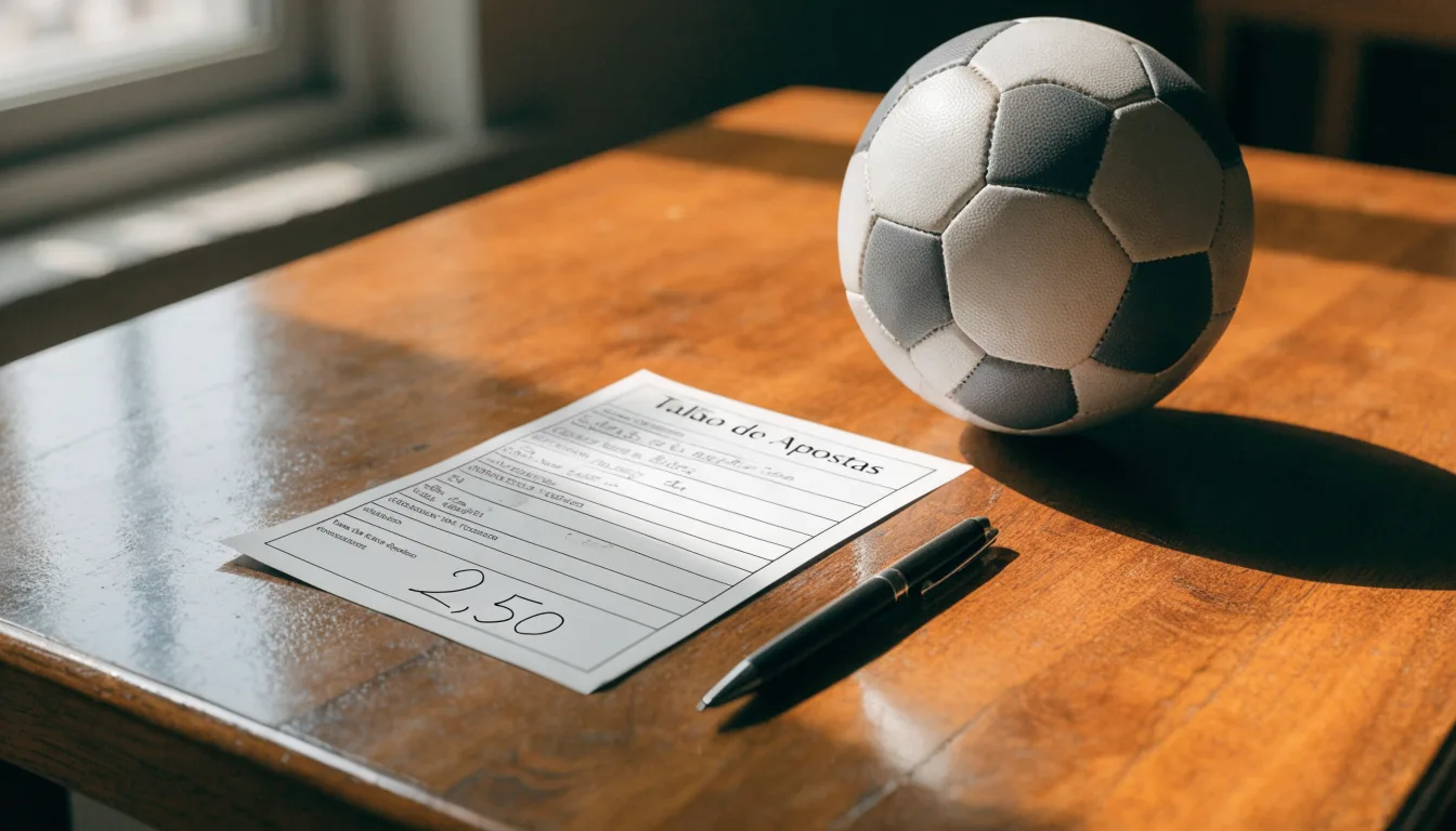 Uma bola de futebol pousada sobre um talão de apostas em branco numa mesa de madeira, à luz do dia