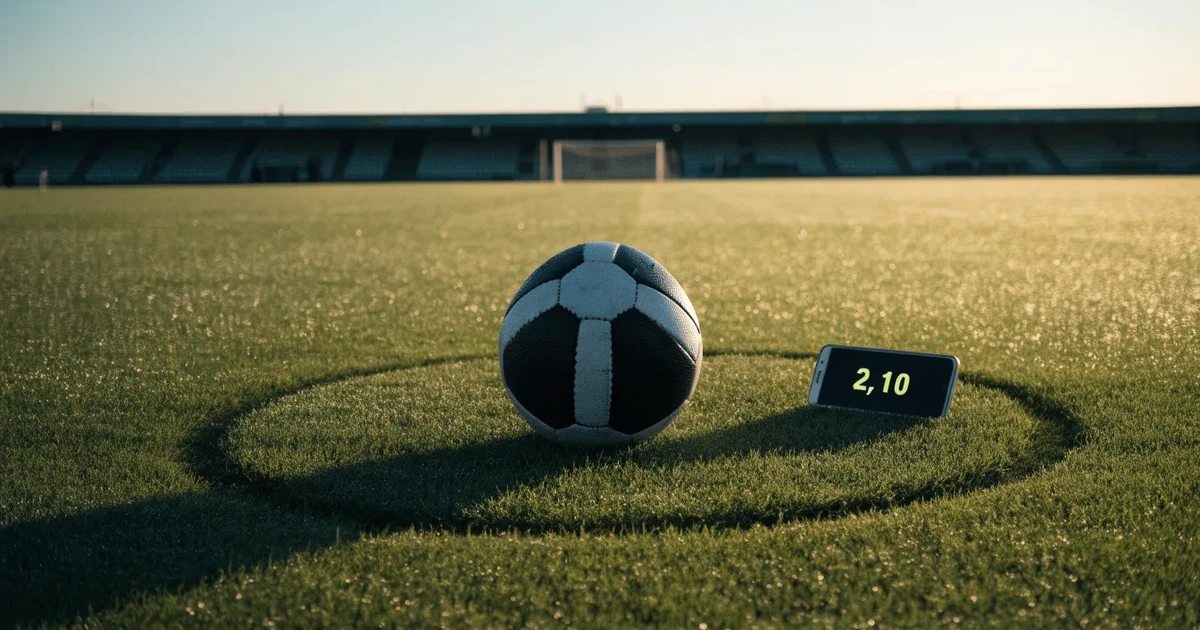 Uma bola de futebol no ponto central de um relvado, à luz da manhã