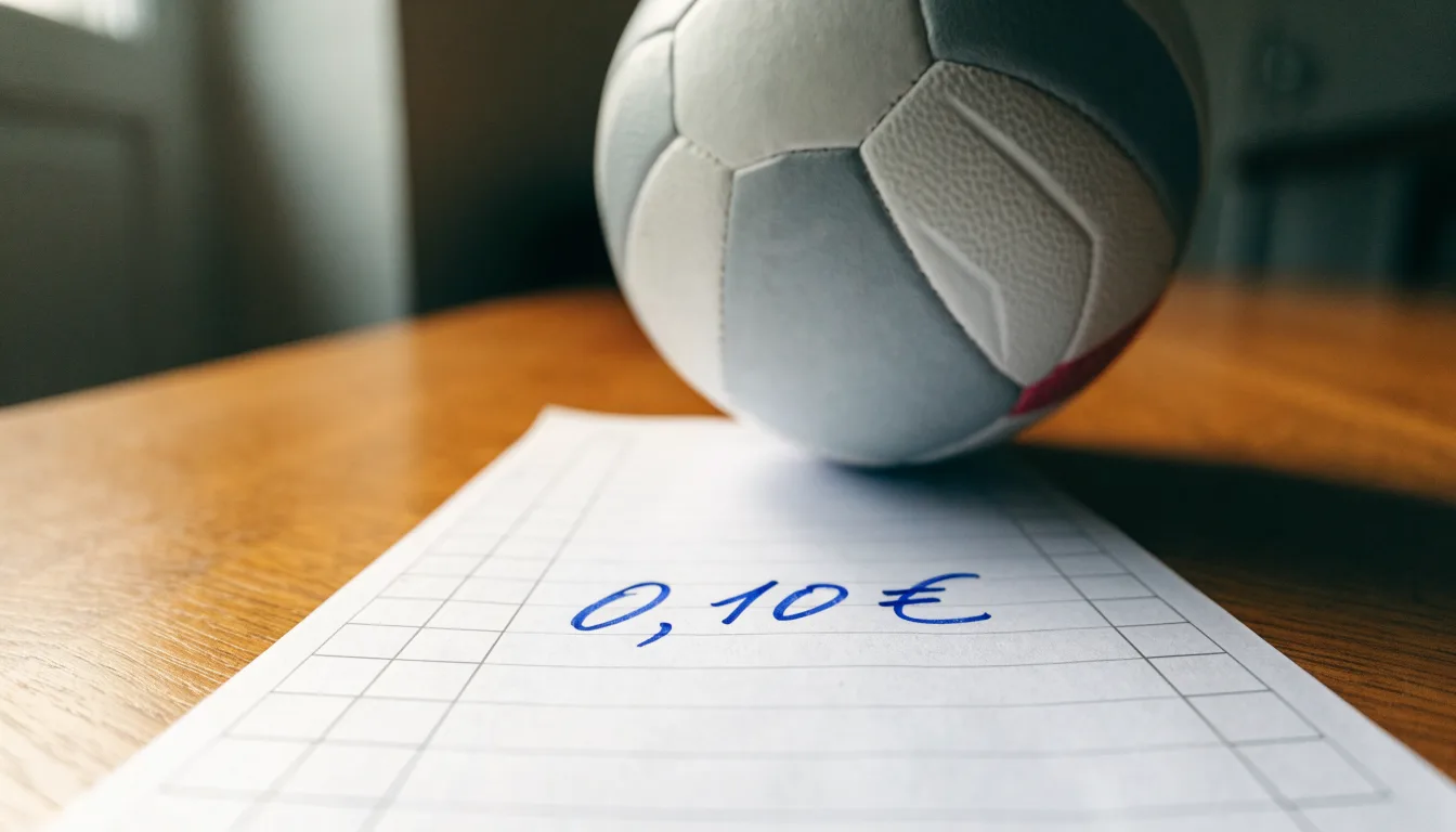 Uma bola de futebol pousada sobre um talão de apostas em branco numa mesa de madeira, à luz do dia