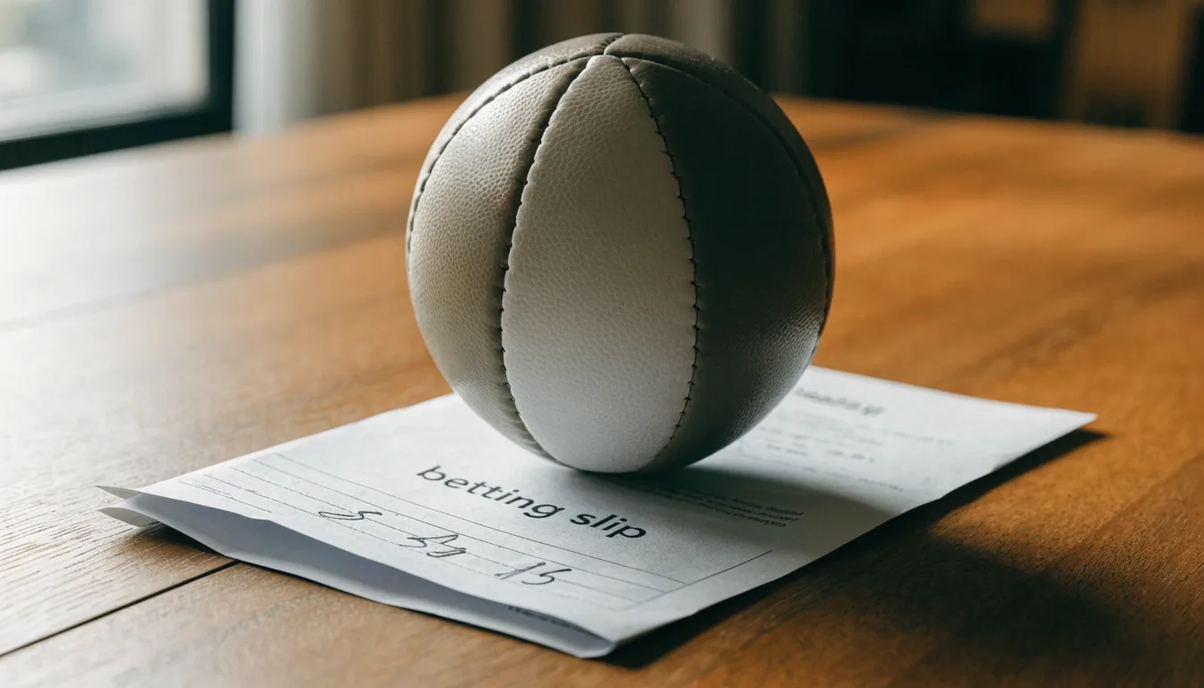 Uma bola de futebol pousada sobre um talão de apostas em branco numa mesa de madeira, à luz do dia