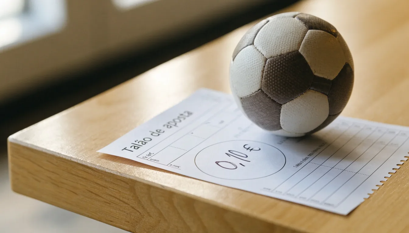 Uma bola de futebol pousada sobre um talão de apostas em branco numa mesa de madeira, à luz do dia
