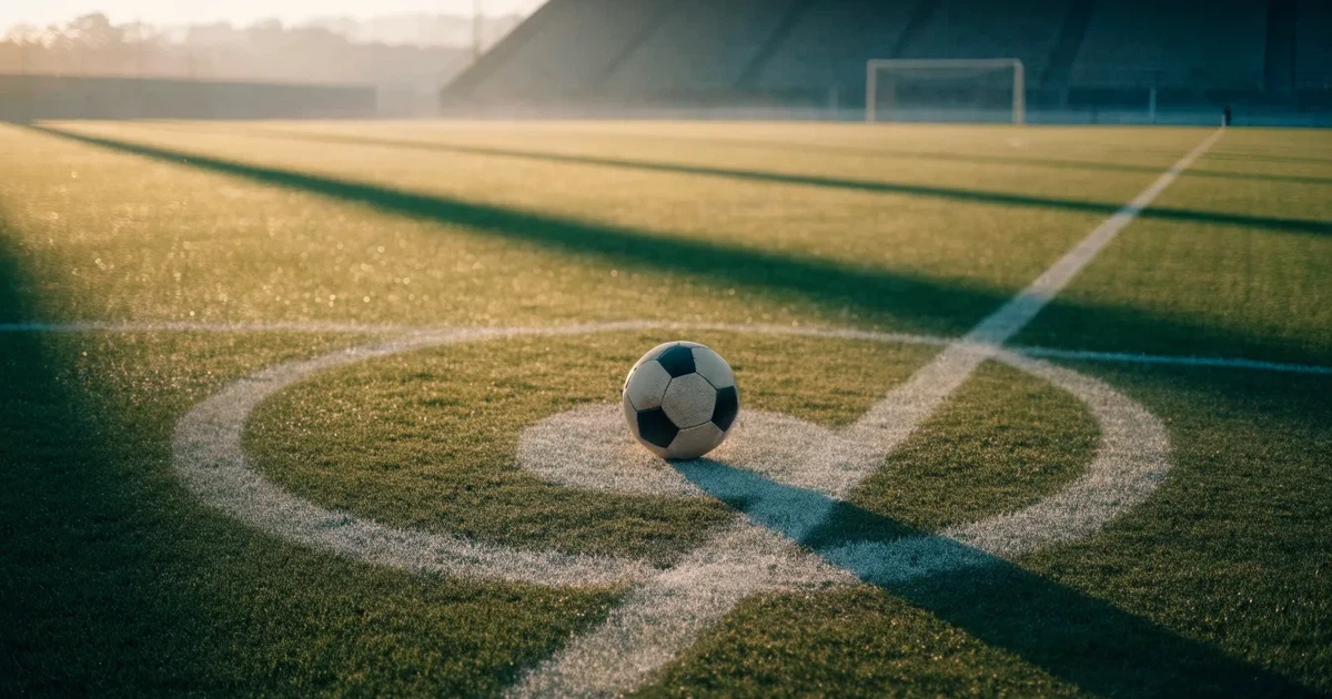 Uma bola de futebol no ponto central de um relvado, à luz da manhã