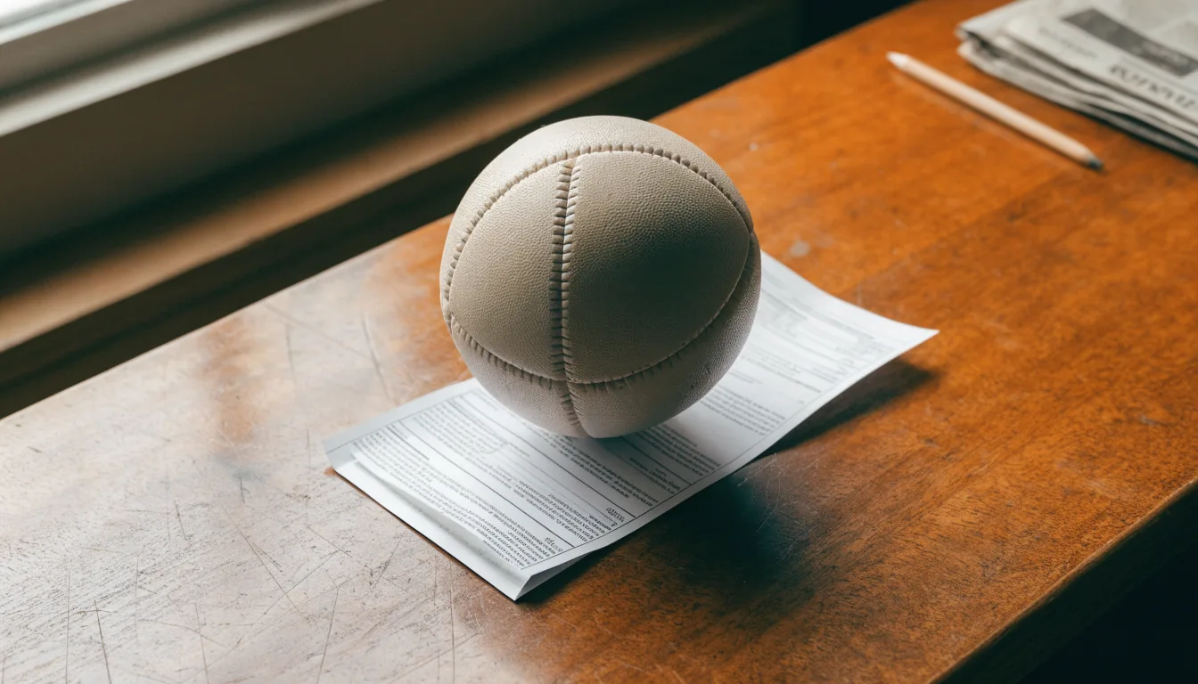 Uma bola de futebol pousada sobre um talão de apostas em branco numa mesa de madeira, à luz do dia
