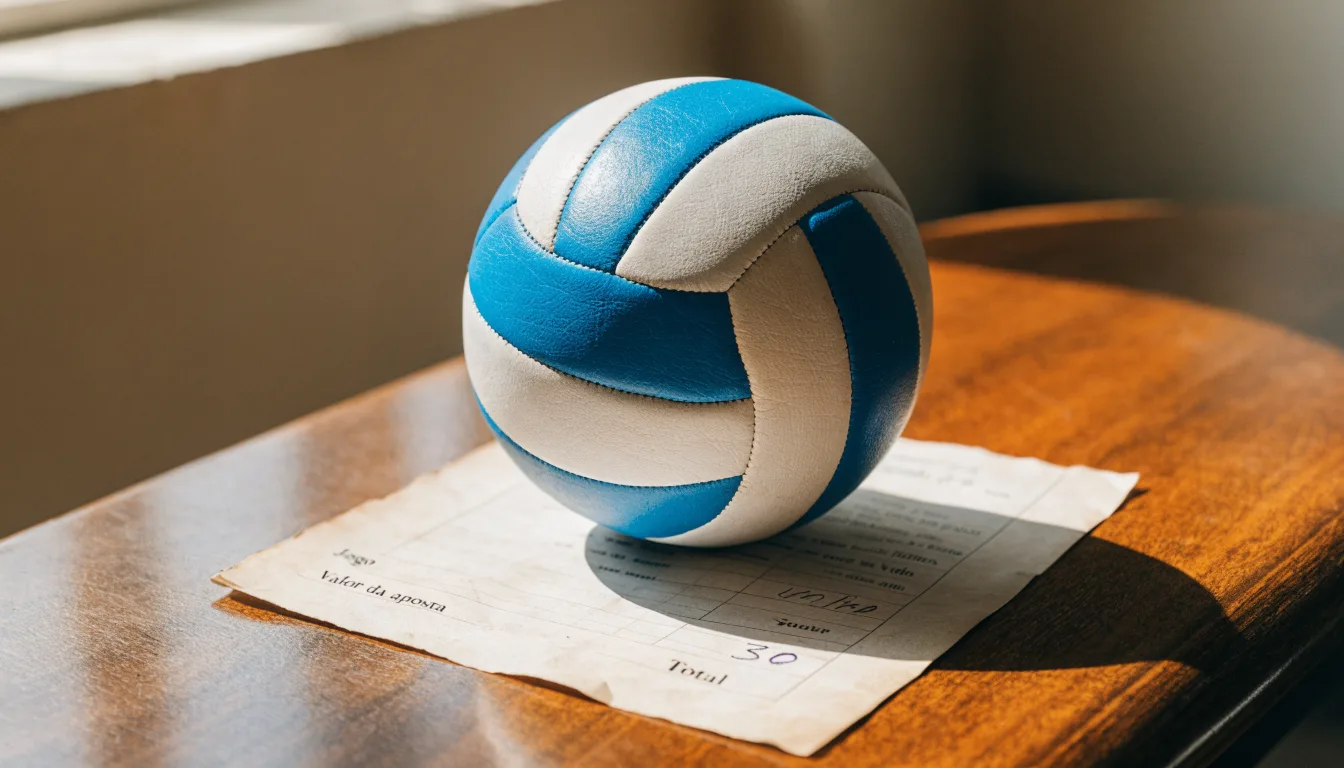 Uma bola de futebol pousada sobre um talão de apostas em branco numa mesa de madeira, à luz do dia