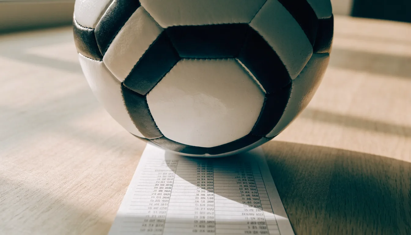 Uma bola de futebol pousada sobre um talão de apostas em branco numa mesa de madeira, à luz do dia