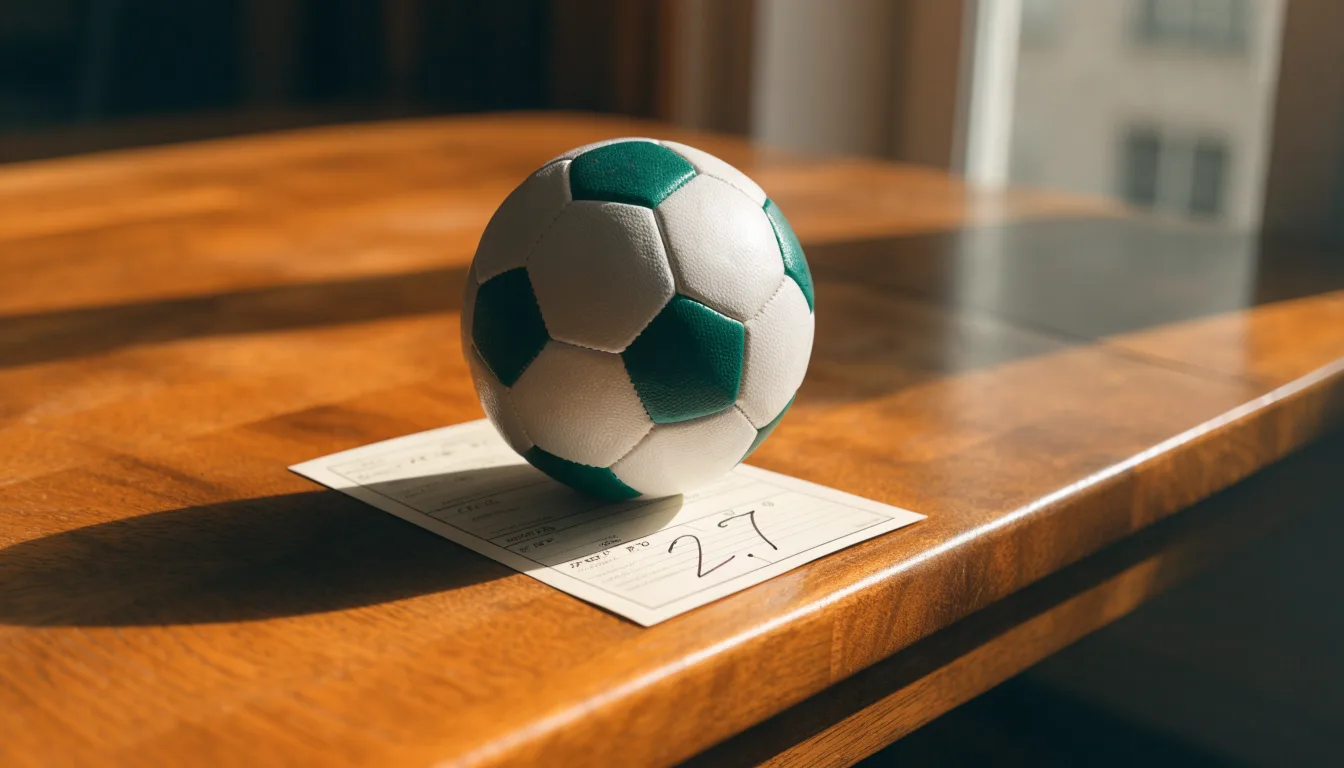 Uma bola de futebol pousada sobre um talão de apostas em branco numa mesa de madeira, à luz do dia