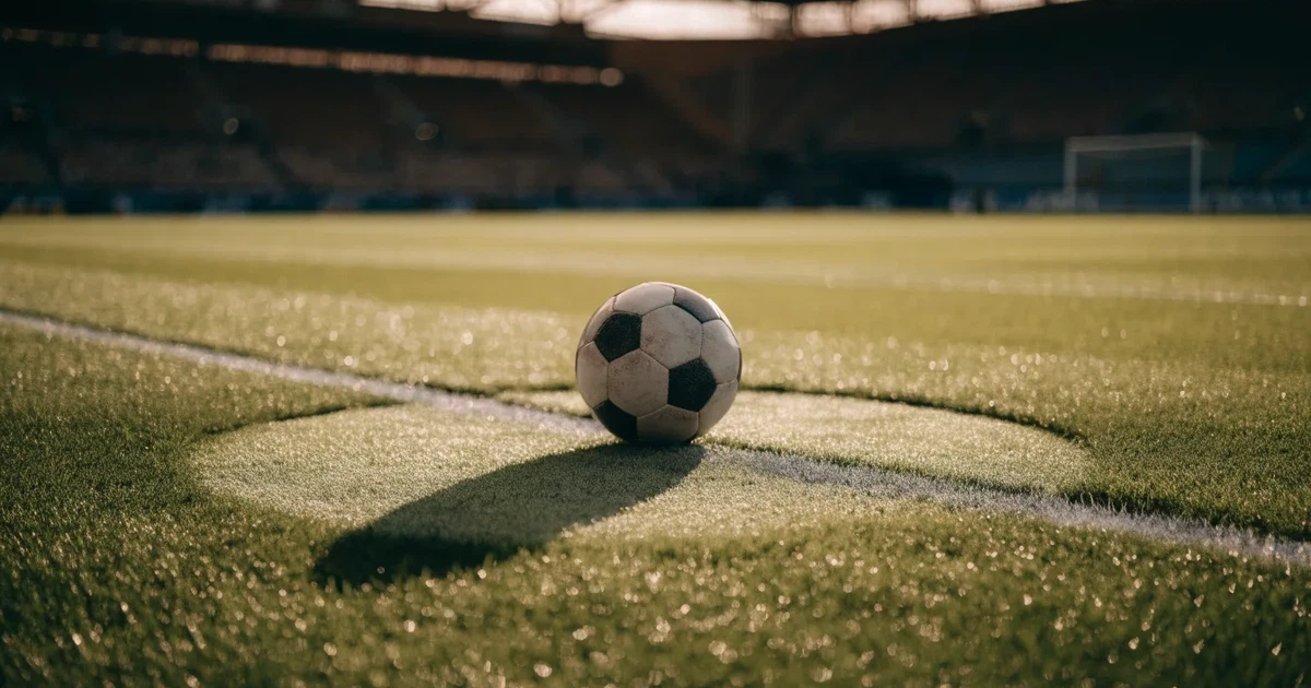 Uma bola de futebol no ponto central de um relvado, à luz da manhã