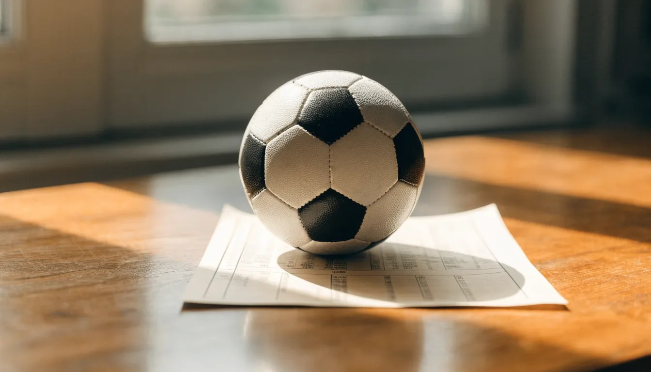 Uma bola de futebol pousada sobre um talão de apostas em branco numa mesa de madeira, à luz do dia