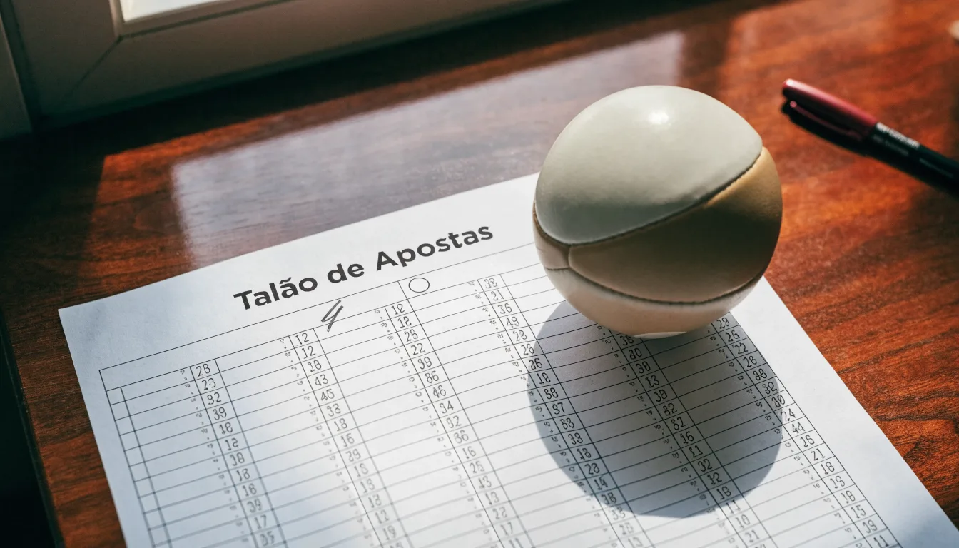 Uma bola de futebol pousada sobre um talão de apostas em branco numa mesa de madeira, à luz do dia