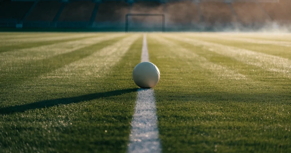 Uma bola de futebol no ponto central de um relvado, à luz da manhã