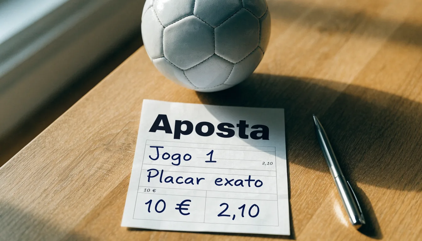 Uma bola de futebol pousada sobre um talão de apostas em branco numa mesa de madeira, à luz do dia