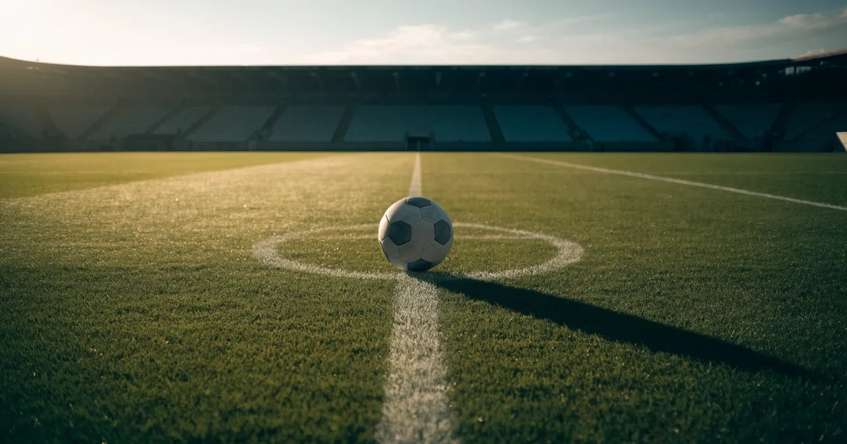 Uma bola de futebol no ponto central de um relvado, à luz da manhã