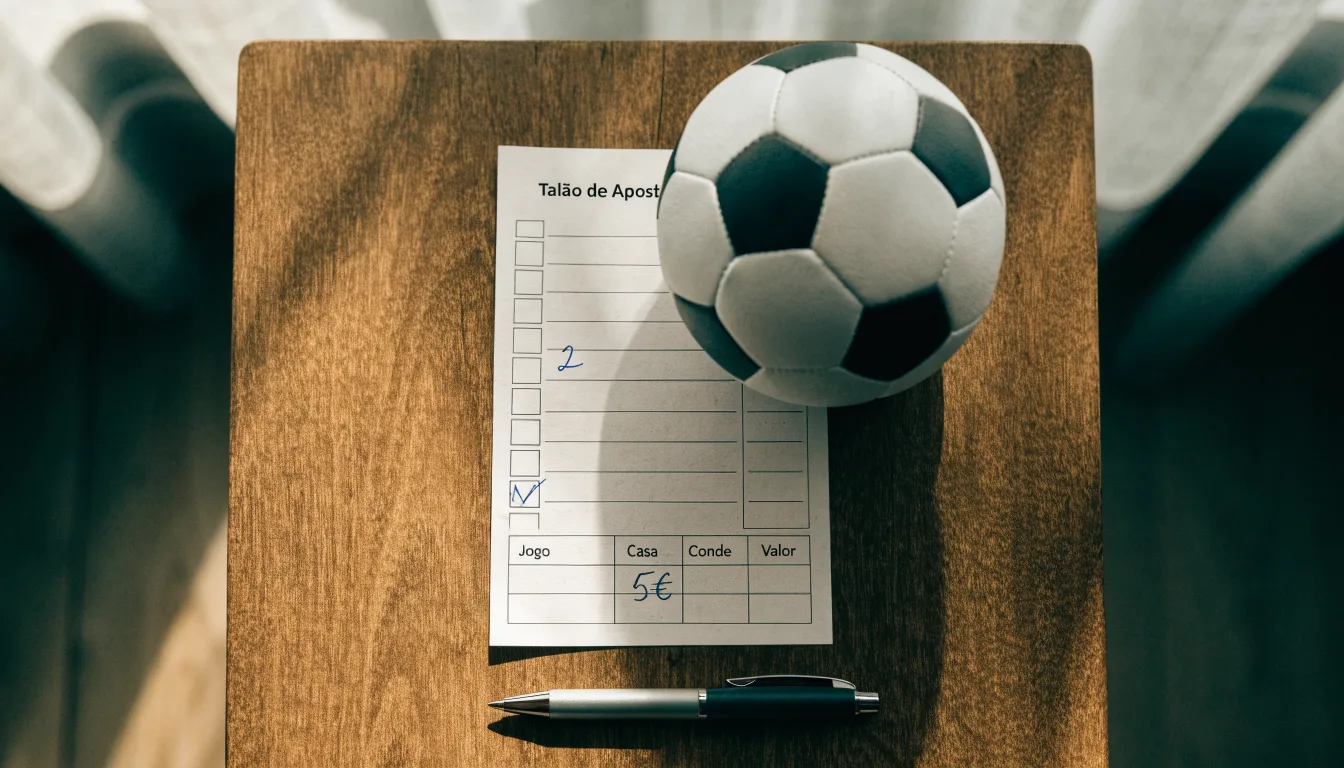 Uma bola de futebol pousada sobre um talão de apostas em branco numa mesa de madeira, à luz do dia