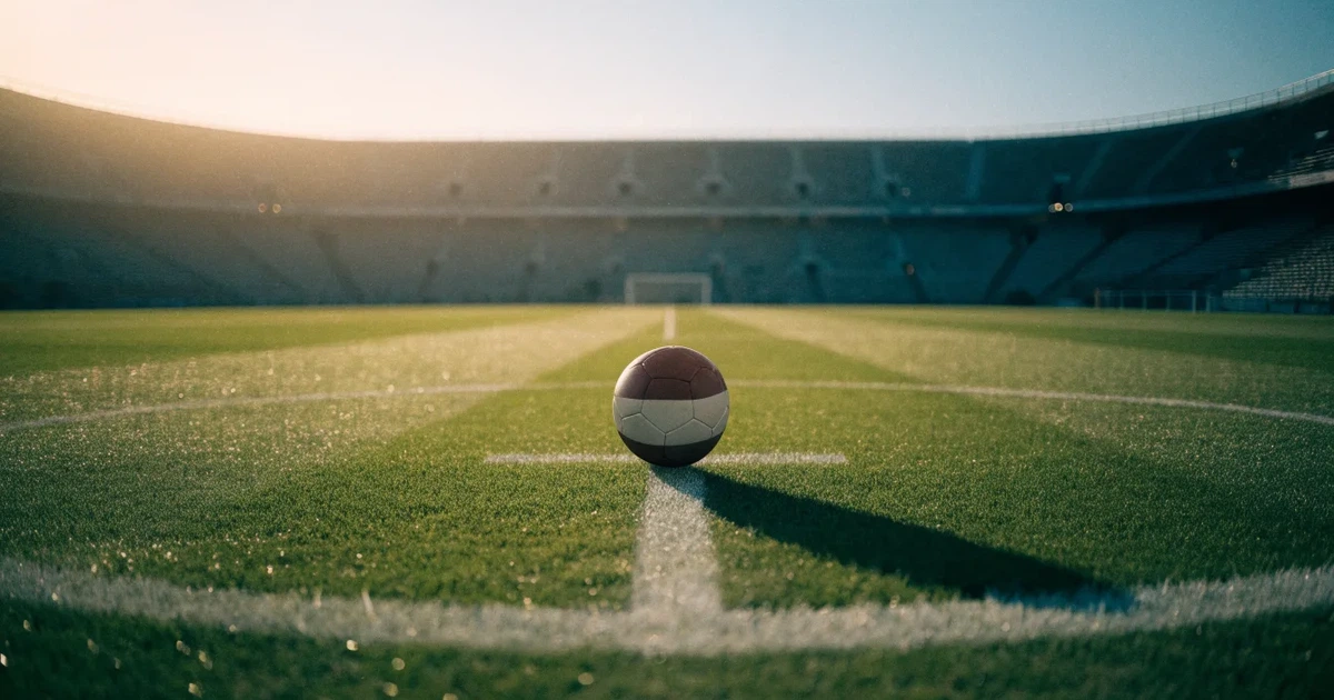 Uma bola de futebol no ponto central de um relvado, à luz da manhã