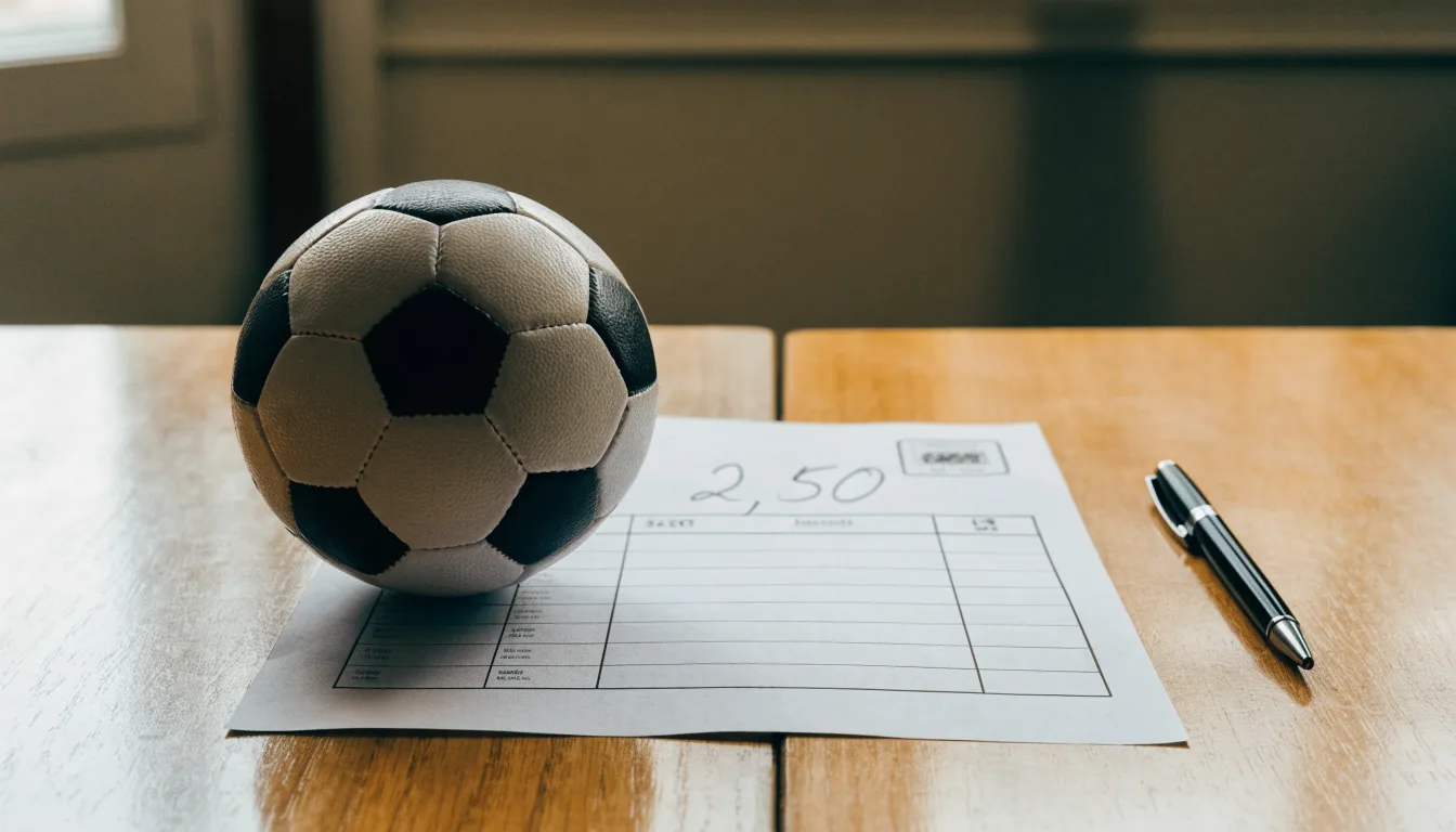 Uma bola de futebol pousada sobre um talão de apostas em branco numa mesa de madeira, à luz do dia