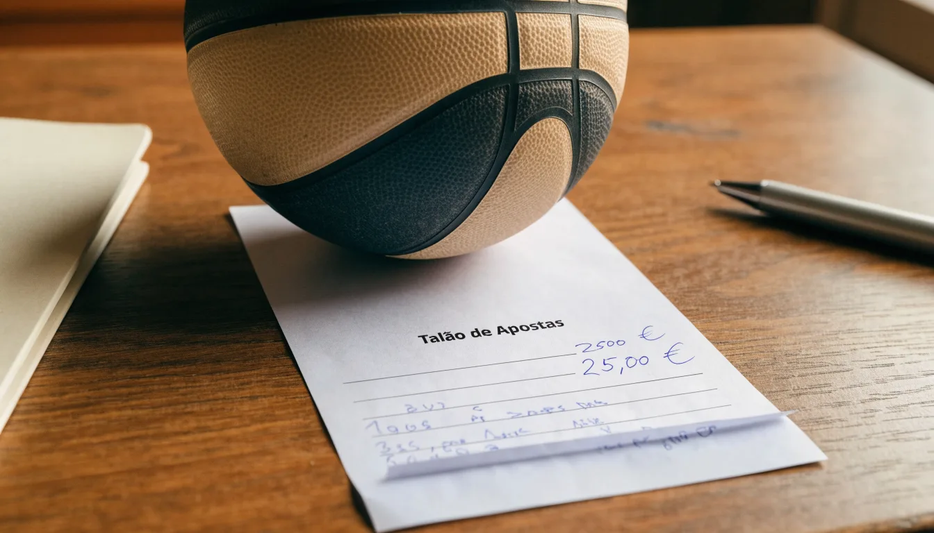Uma bola de futebol pousada sobre um talão de apostas em branco numa mesa de madeira, à luz do dia