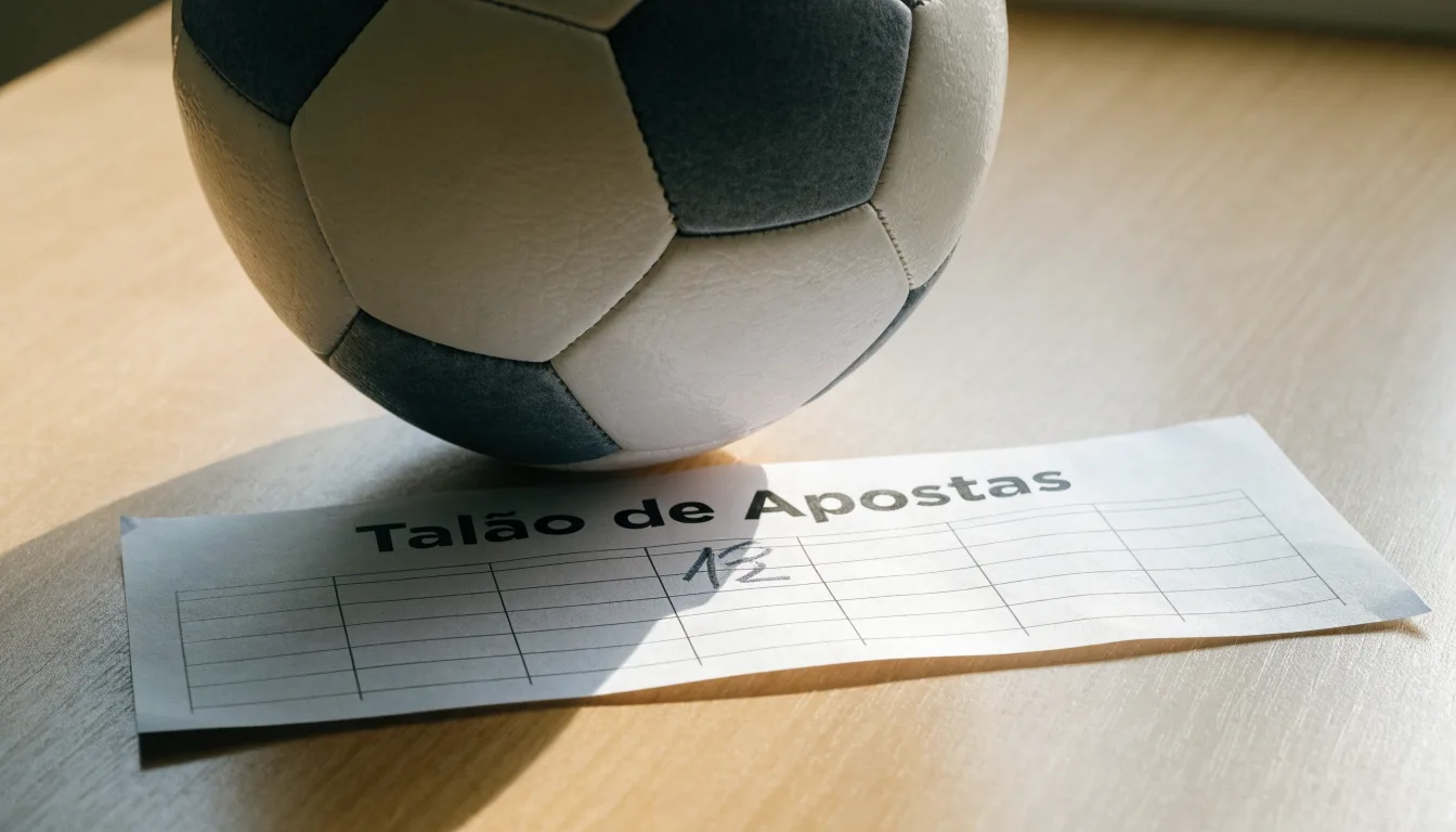 Uma bola de futebol pousada sobre um talão de apostas em branco numa mesa de madeira, à luz do dia