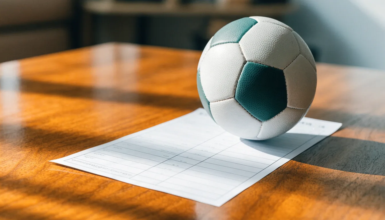 Uma bola de futebol pousada sobre um talão de apostas em branco numa mesa de madeira, à luz do dia