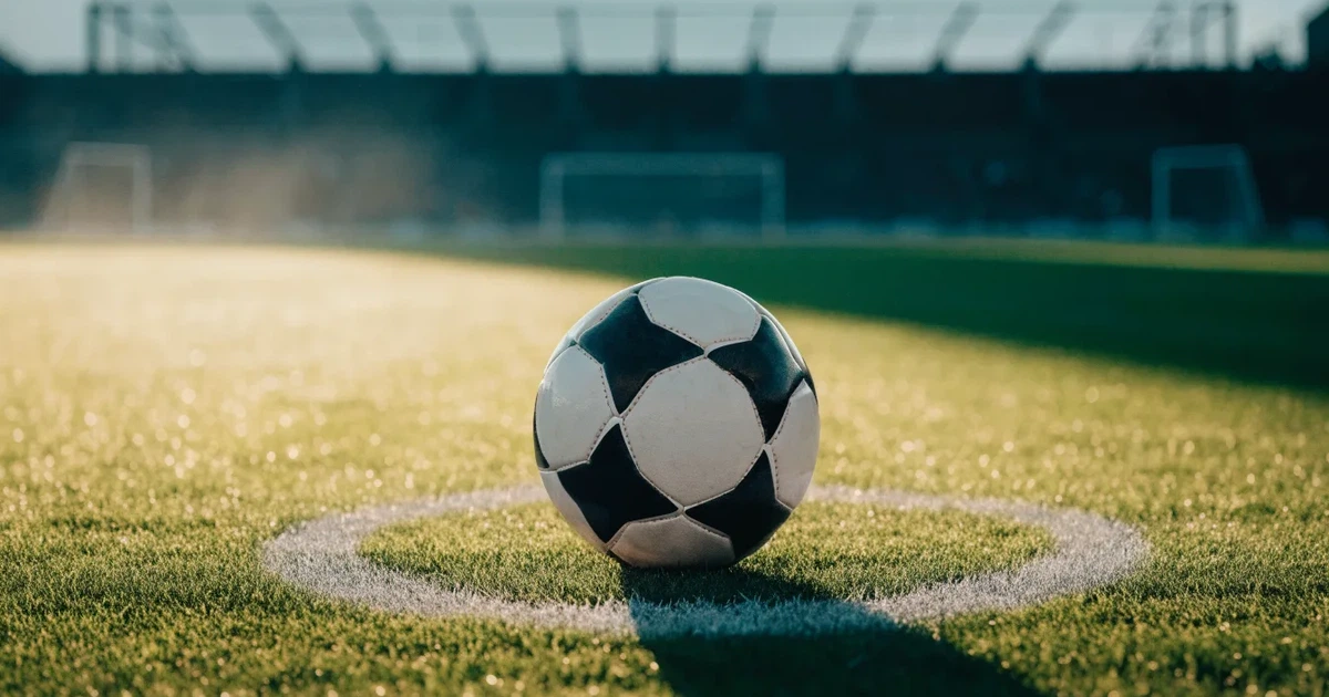 Uma bola de futebol no ponto central de um relvado, à luz da manhã