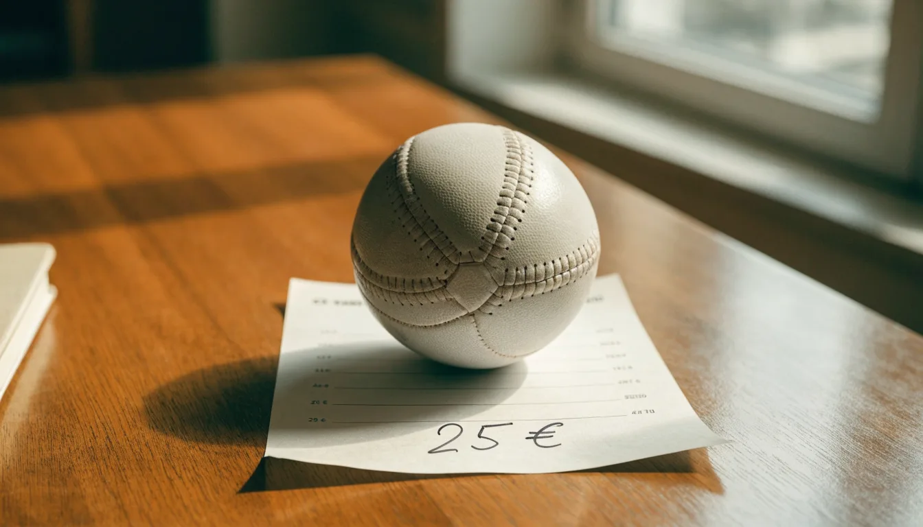 Uma bola de futebol pousada sobre um talão de apostas em branco numa mesa de madeira, à luz do dia
