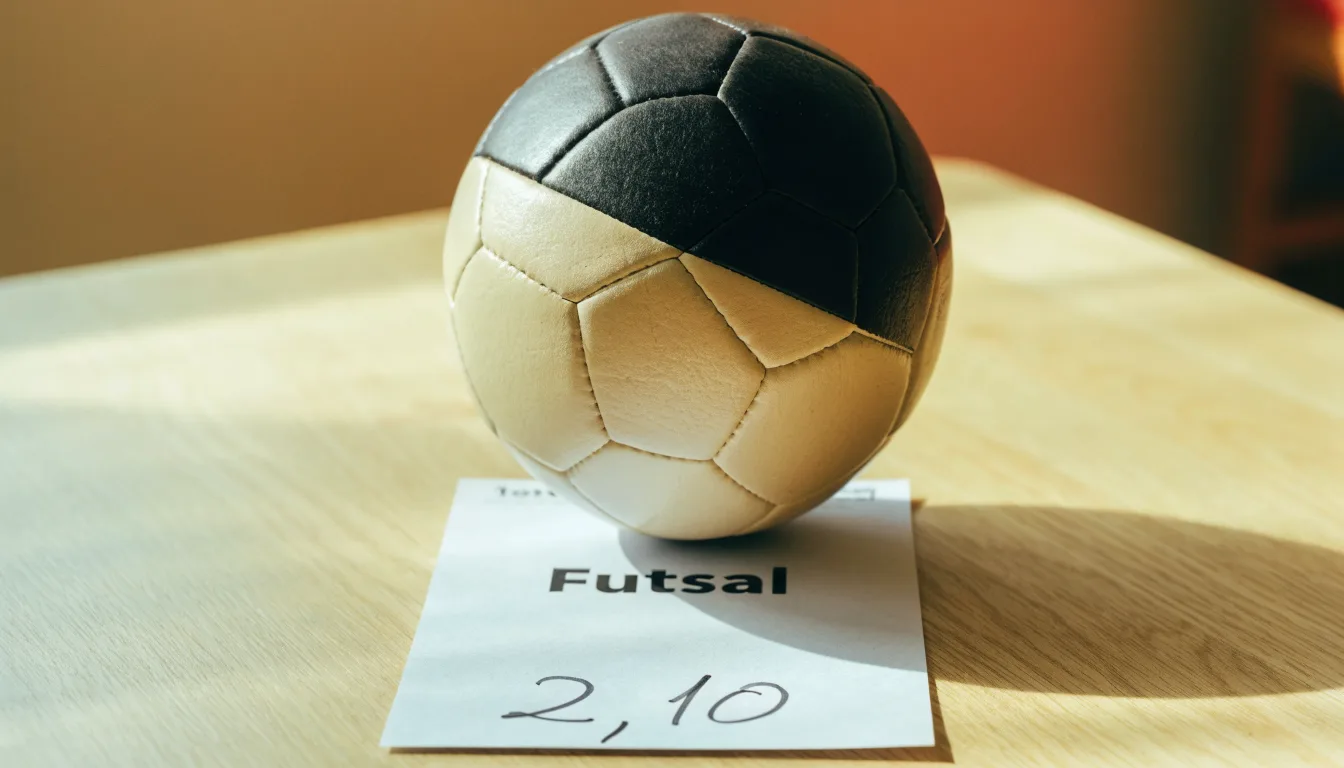 Uma bola de futebol pousada sobre um talão de apostas em branco numa mesa de madeira, à luz do dia