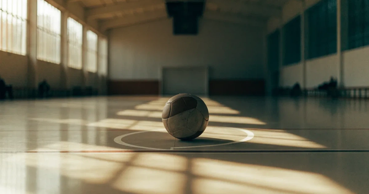 Uma bola de futebol no ponto central de um relvado, à luz da manhã