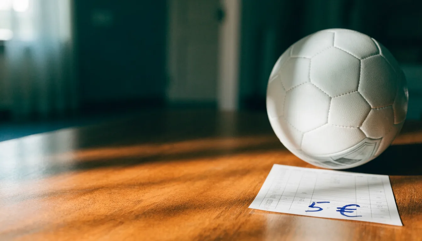 Uma bola de futebol pousada sobre um talão de apostas em branco numa mesa de madeira, à luz do dia
