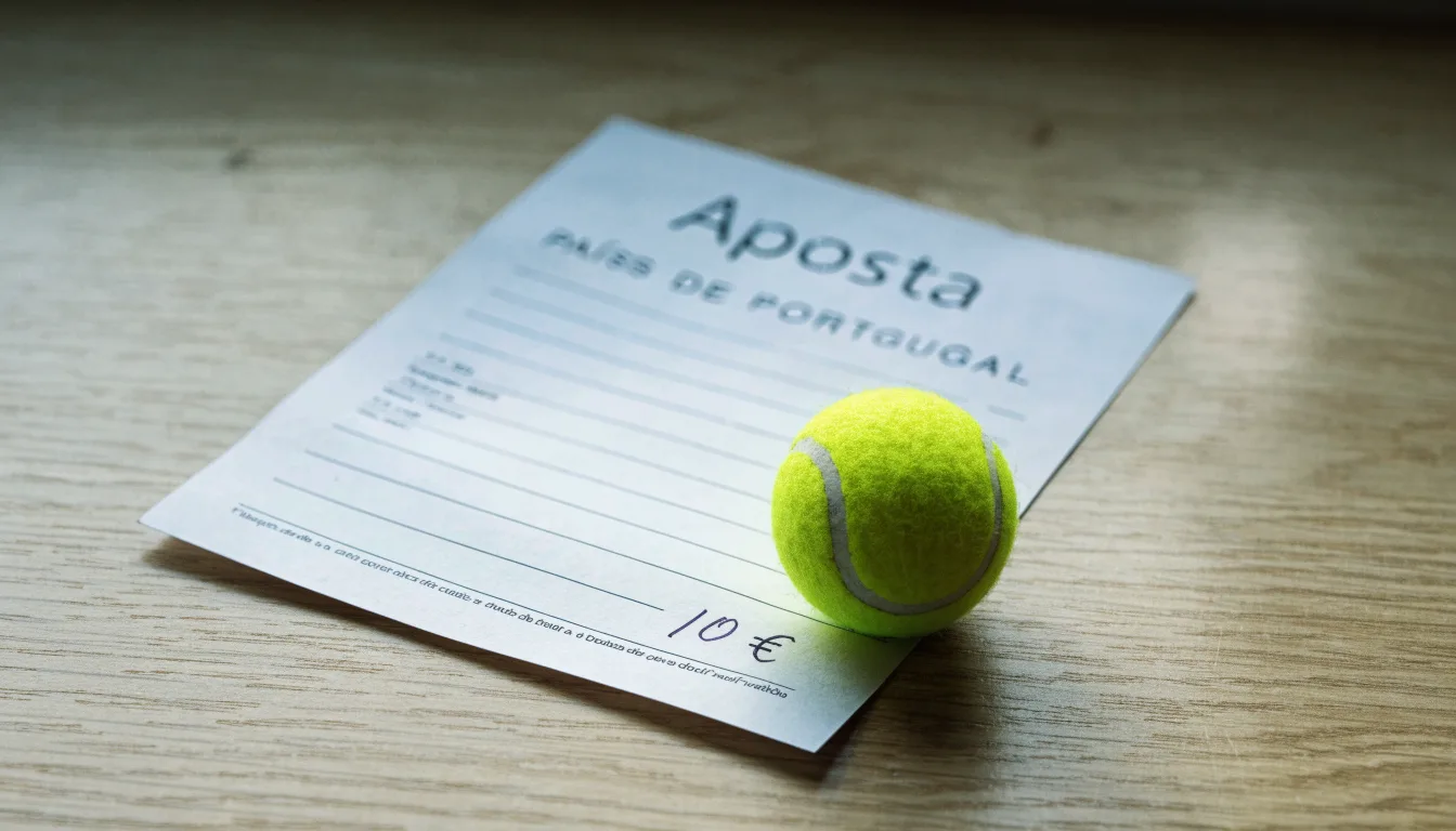 Uma bola de futebol pousada sobre um talão de apostas em branco numa mesa de madeira, à luz do dia