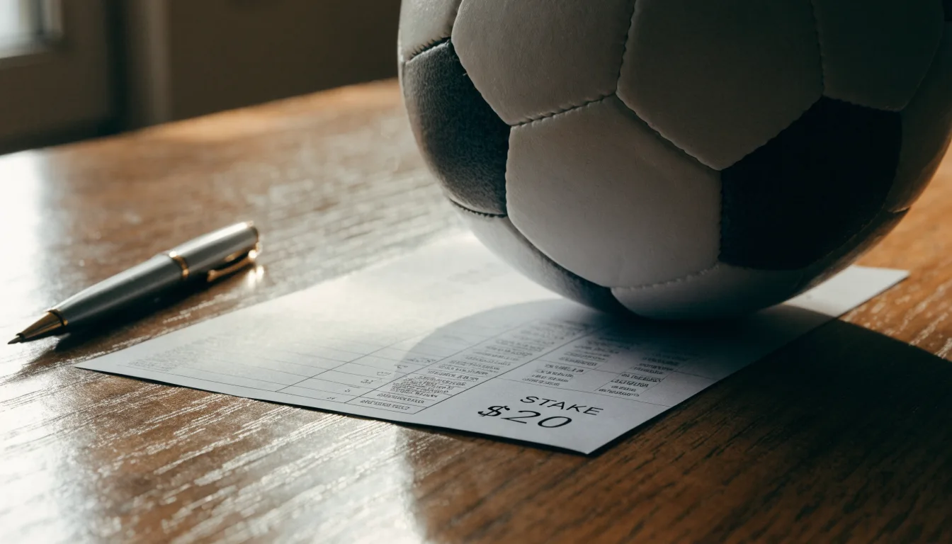 Uma bola de futebol pousada sobre um talão de apostas em branco numa mesa de madeira, à luz do dia