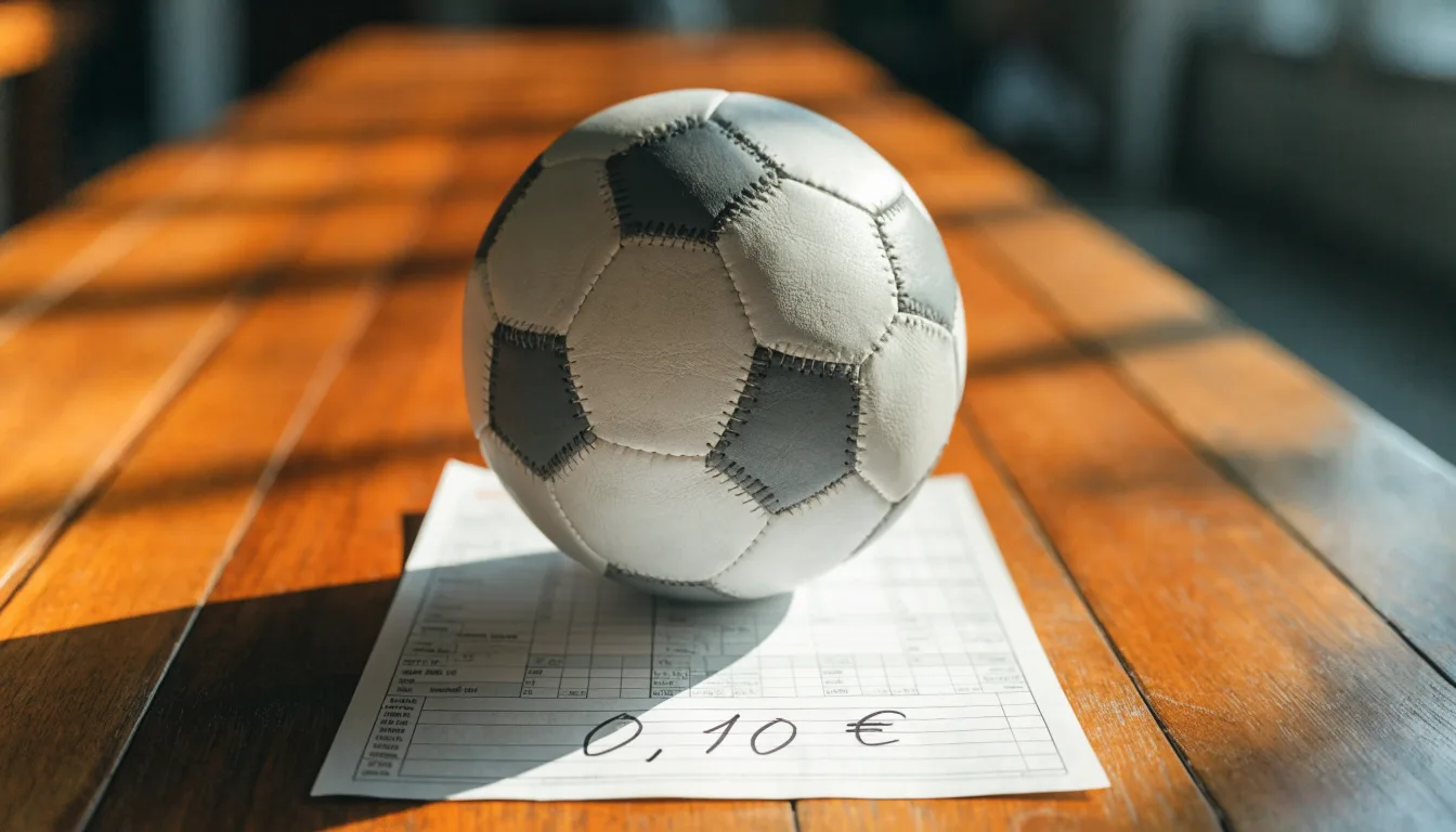 Uma bola de futebol pousada sobre um talão de apostas em branco numa mesa de madeira, à luz do dia