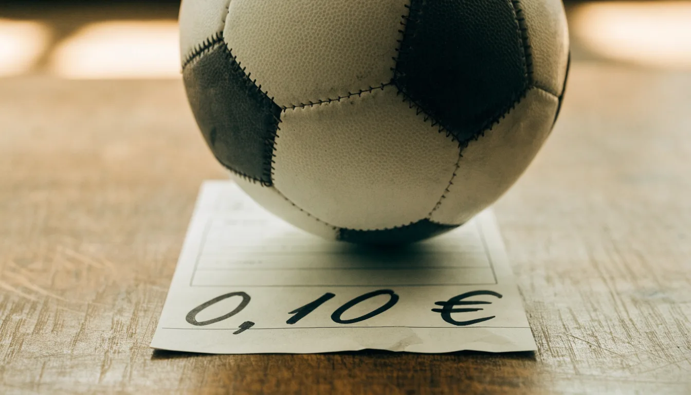 Uma bola de futebol pousada sobre um talão de apostas em branco numa mesa de madeira, à luz do dia