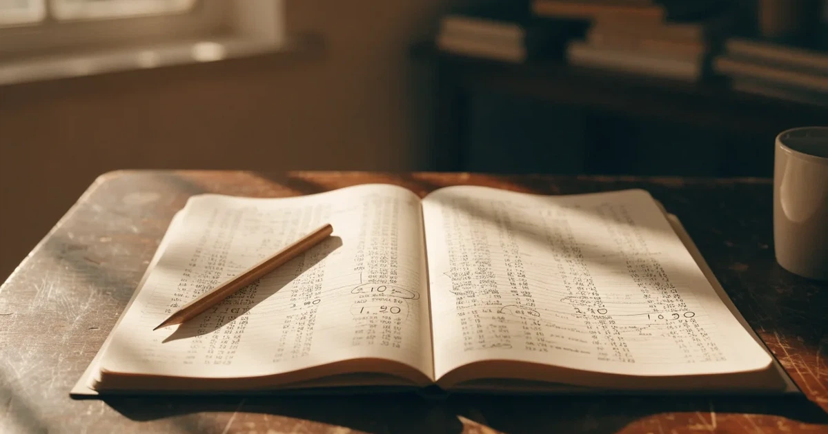 Um caderno aberto com cotas escritas à mão, uma calculadora e um lápis sobre uma mesa de madeira