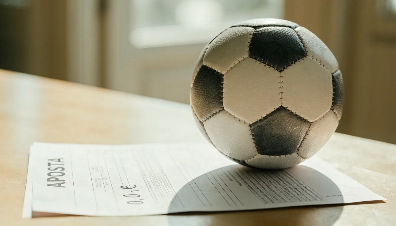 Uma bola de futebol pousada sobre um talão de apostas em branco numa mesa de madeira, à luz do dia