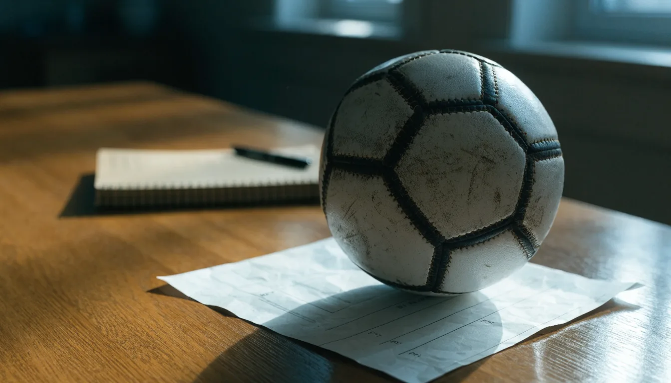 Uma bola de futebol pousada sobre um talão de apostas em branco numa mesa de madeira, à luz do dia