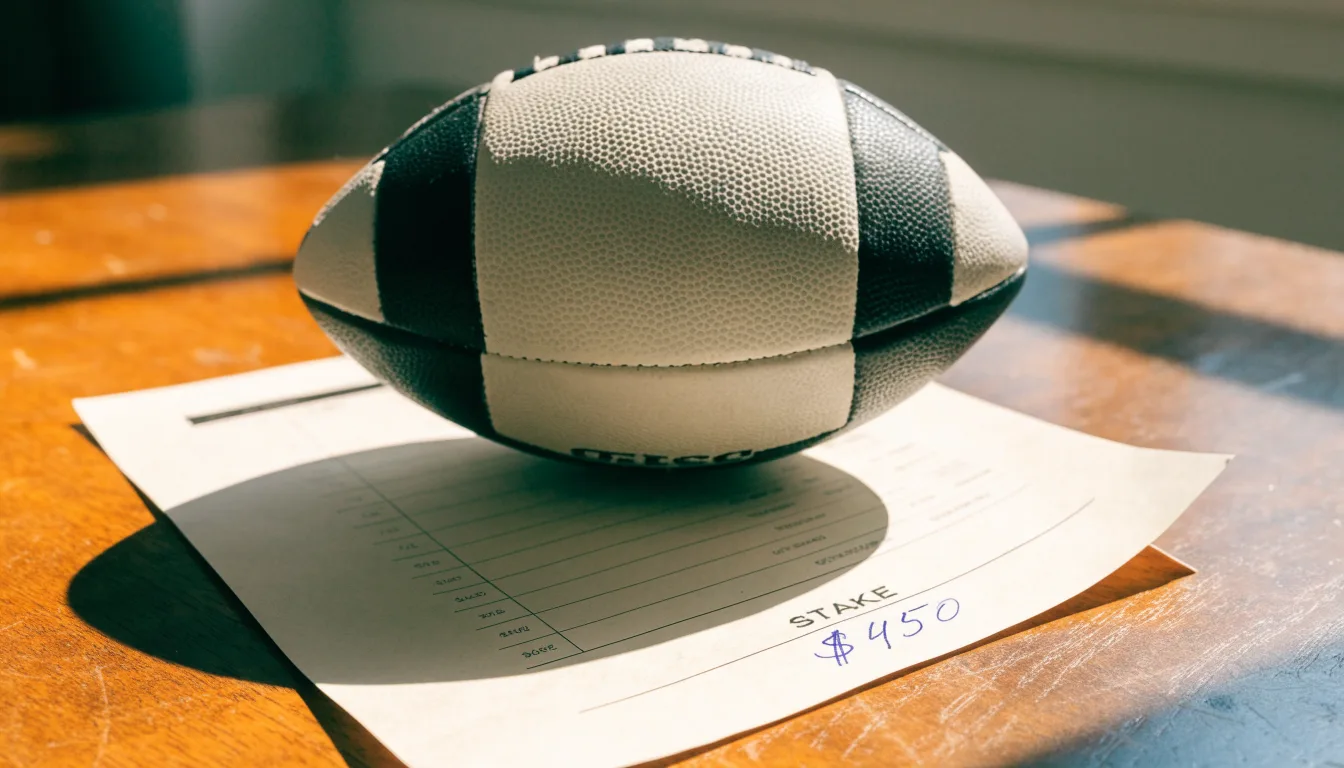 Uma bola de futebol pousada sobre um talão de apostas em branco numa mesa de madeira, à luz do dia