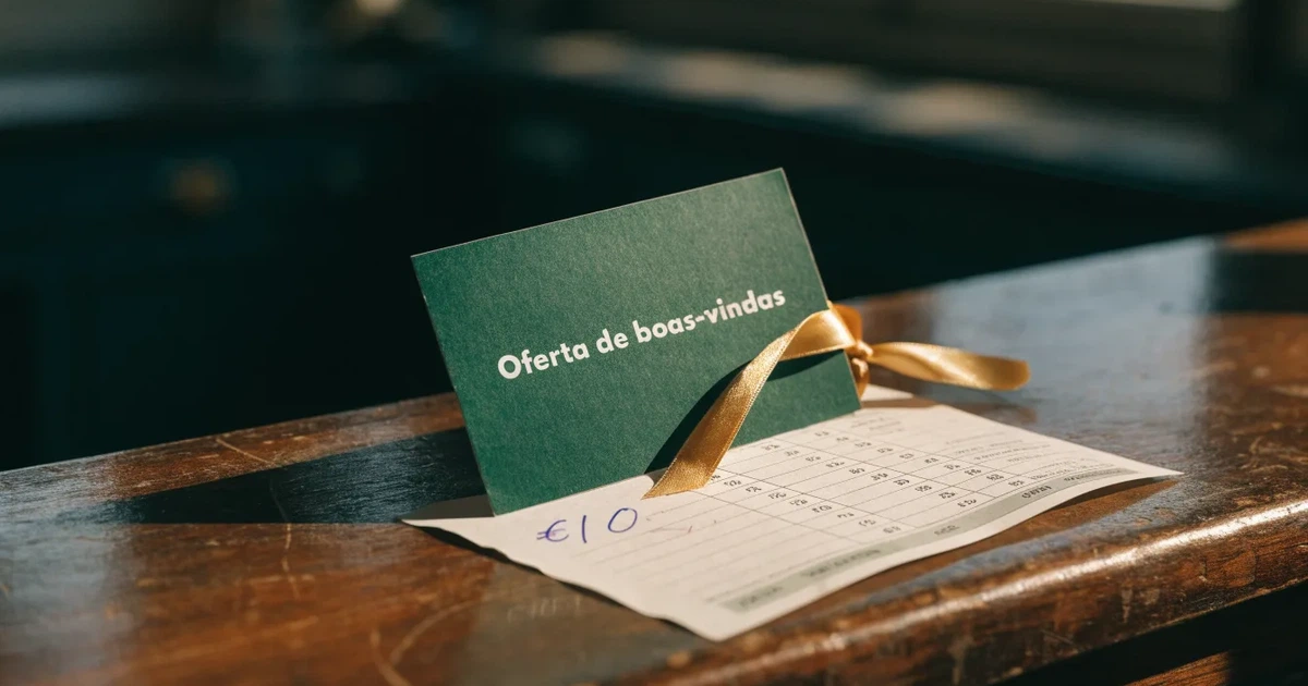 Um cartão de oferta com uma fita dourada ao lado de um talão de apostas numa bancada de madeira
