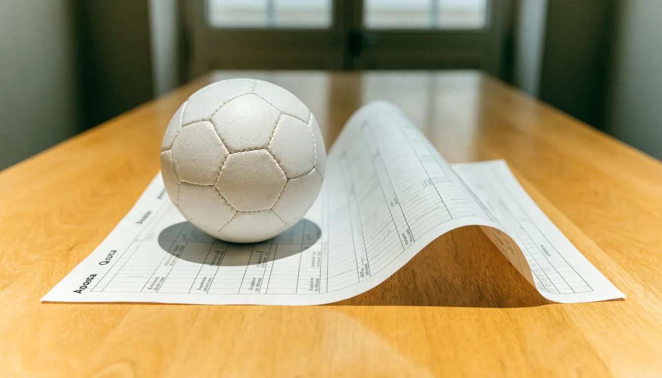 Uma bola de futebol pousada sobre um talão de apostas em branco numa mesa de madeira, à luz do dia