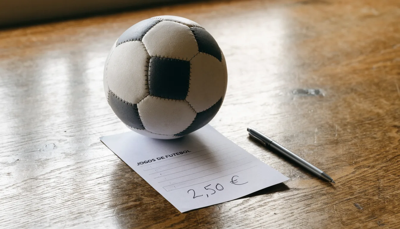 Uma bola de futebol pousada sobre um talão de apostas em branco numa mesa de madeira, à luz do dia