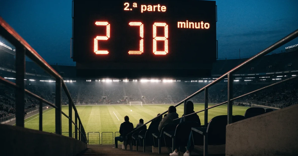 Um marcador eletrónico de um estádio com o resultado a meio da segunda parte, visto das bancadas