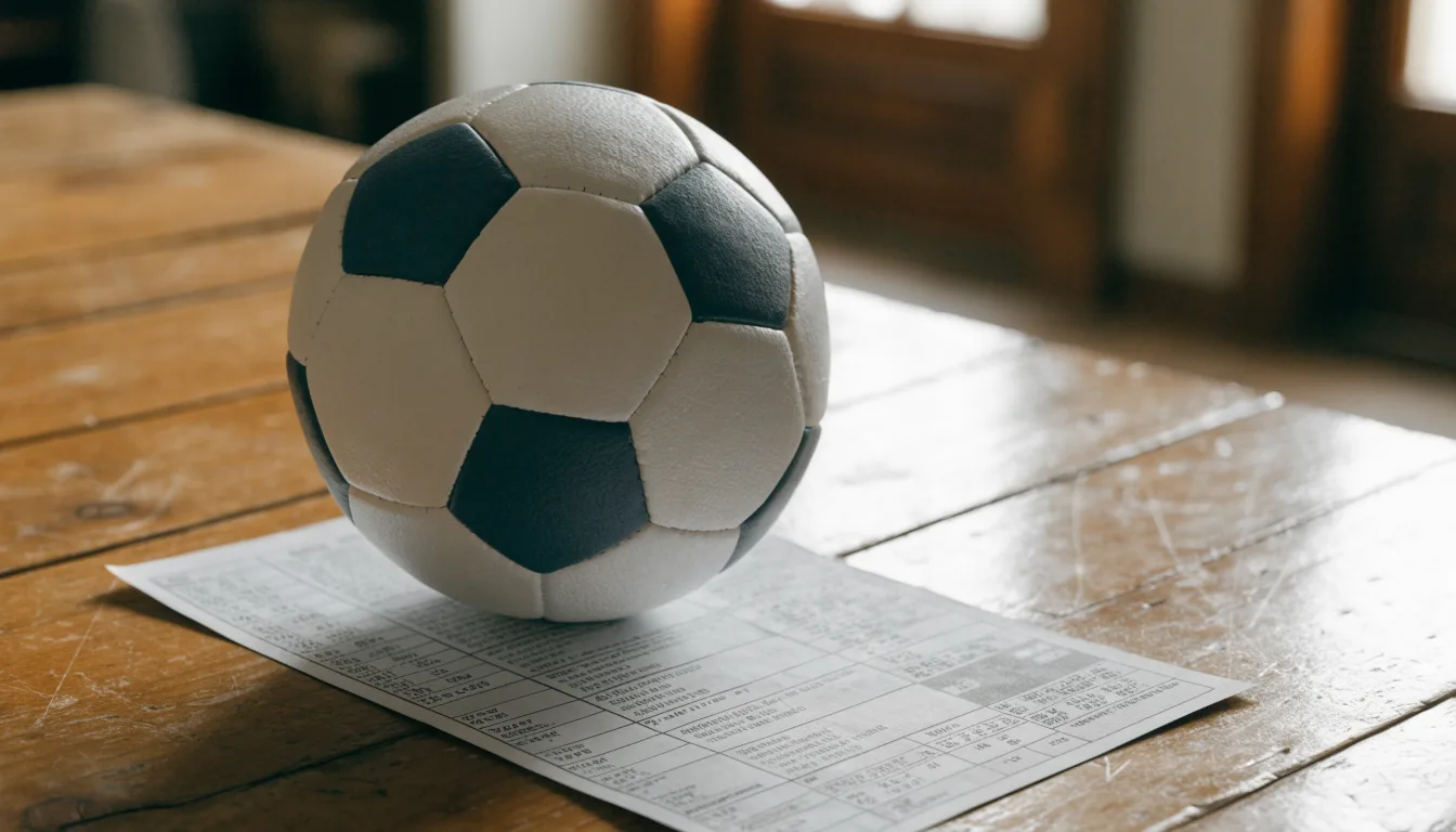Uma bola de futebol pousada sobre um talão de apostas em branco numa mesa de madeira, à luz do dia